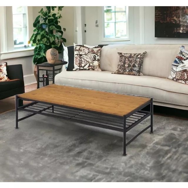 Solid wood rectangular coffee table with shelf in a room with plant and window