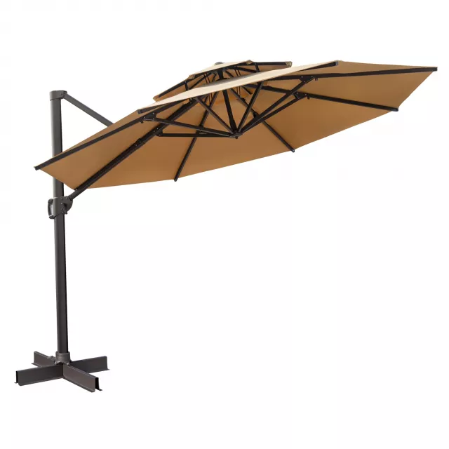 Round tilt cantilever patio umbrella stand providing shade and balance in grassland setting for outdoor recreation and events