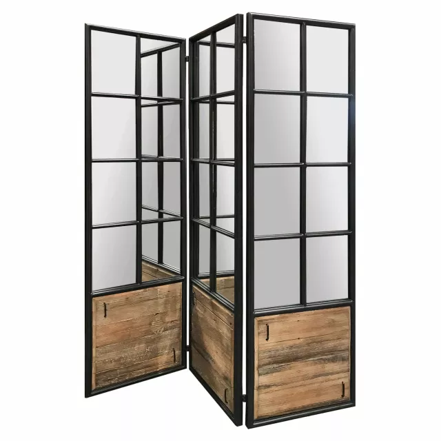 Black brown room divider with optical illusion design and wooden shelving