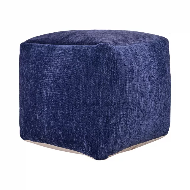 Blue chenille cube pouf ottoman with denim texture and electric blue accents