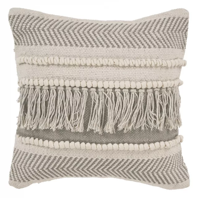 ivory chevron cotton pillow with zippered closure and fringe detail in beige woolen texture