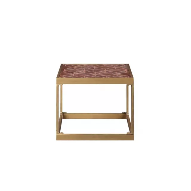 Warm brown leather rectangular end table with shelf in hardwood finish