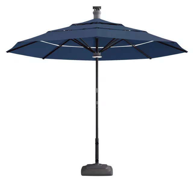 Octagonal lighted smart market patio umbrella with shade and electric blue accents