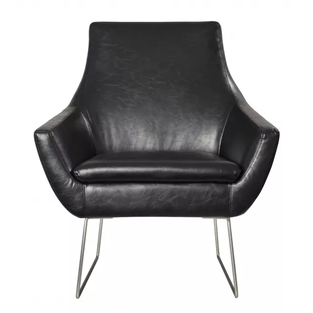 Distressed black faux leather armchair with wood armrests for a comfortable seating experience