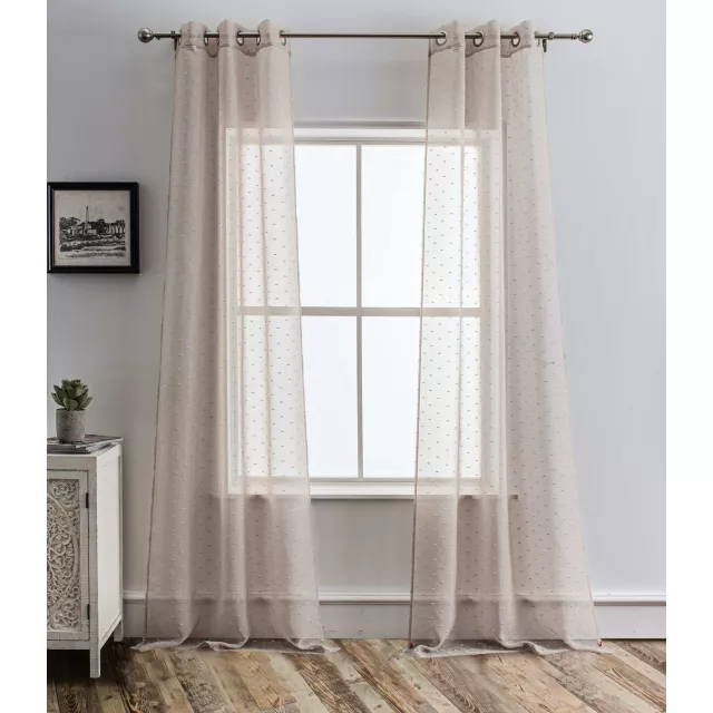 Tan ribbon embellished window curtain panel in a grey interior design setting with wooden fixtures and rectangular shade