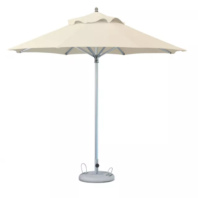 Ecru polyester round market patio umbrella with white shade and metal frame