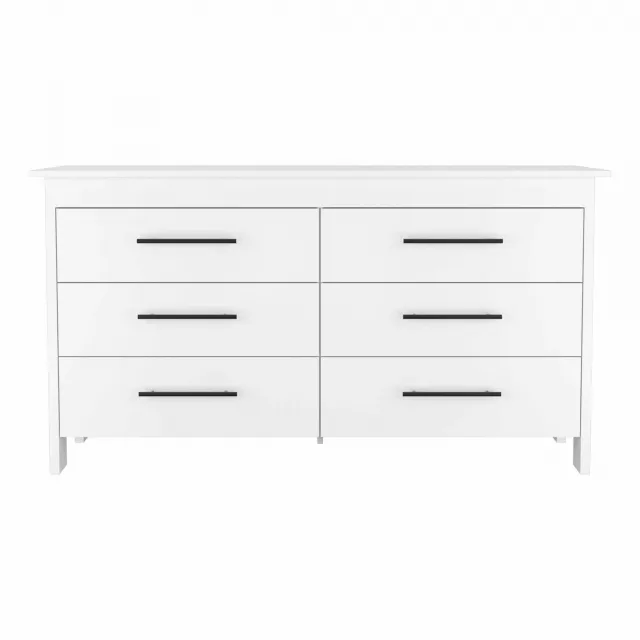 White six drawer double dresser in a clean design suitable for bedroom storage