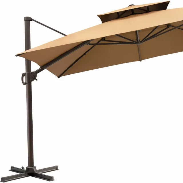 Cantilever patio umbrella with wooden base