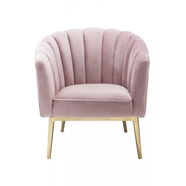 Pink copper velvet tufted barrel chair with wood armrests and magenta comfort rectangle design