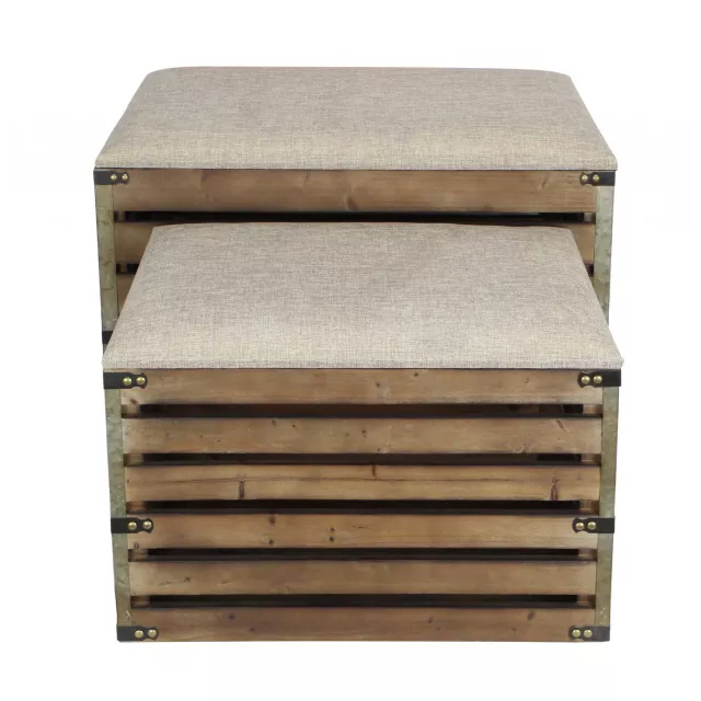 Brown upholstered linen bench with flip-top storage and wood stain finish
