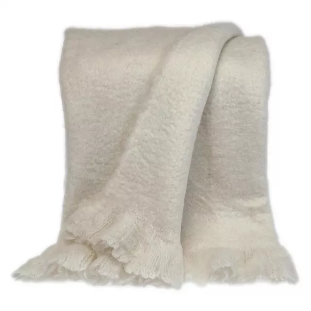 Supreme soft white handloomed throw blanket with woolen texture for comfort and beige sleeve detail