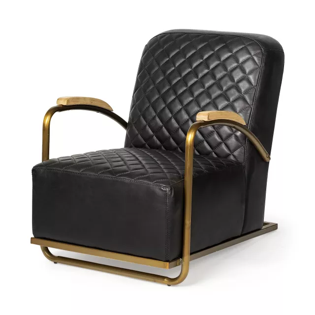 Leather diamond pattern gold club chair with armrests and wood accents