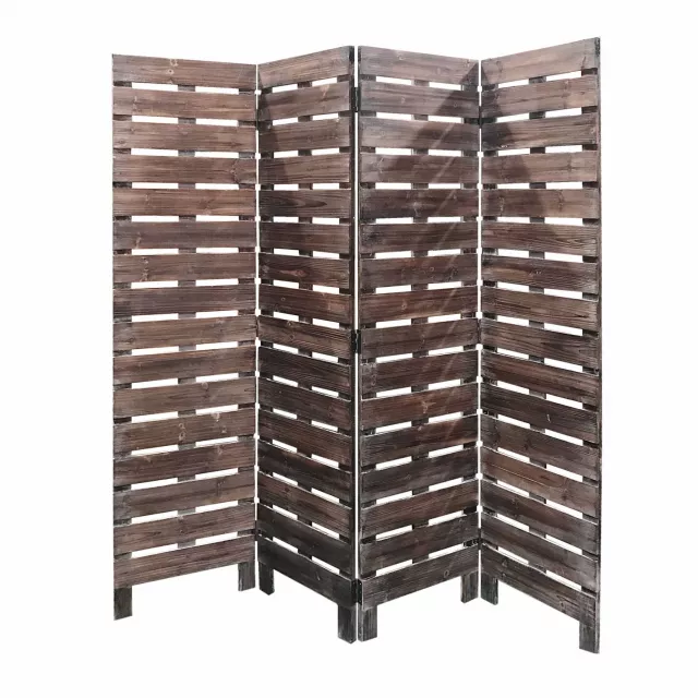 Panel silver room divider with wood shelving and hardwood art detail