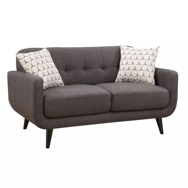 Charcoal black polyester blend love seat with comfortable studio couch design and creative arts aesthetic
