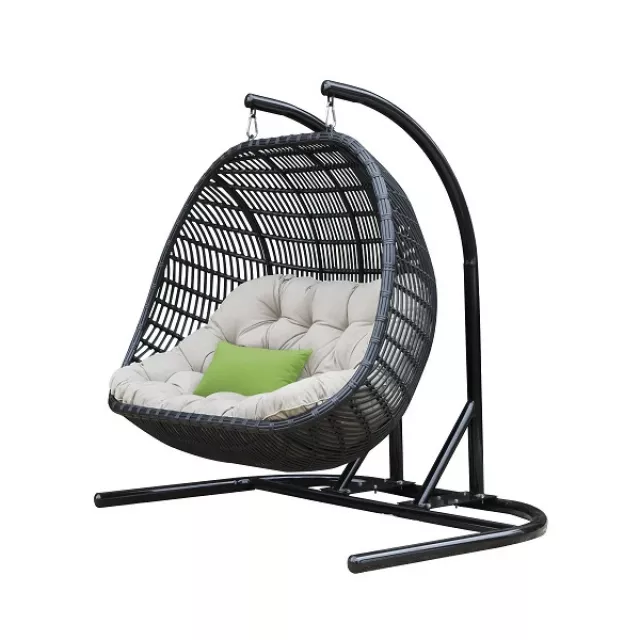 Black metal swing chair with beige cushion for garden patio decor