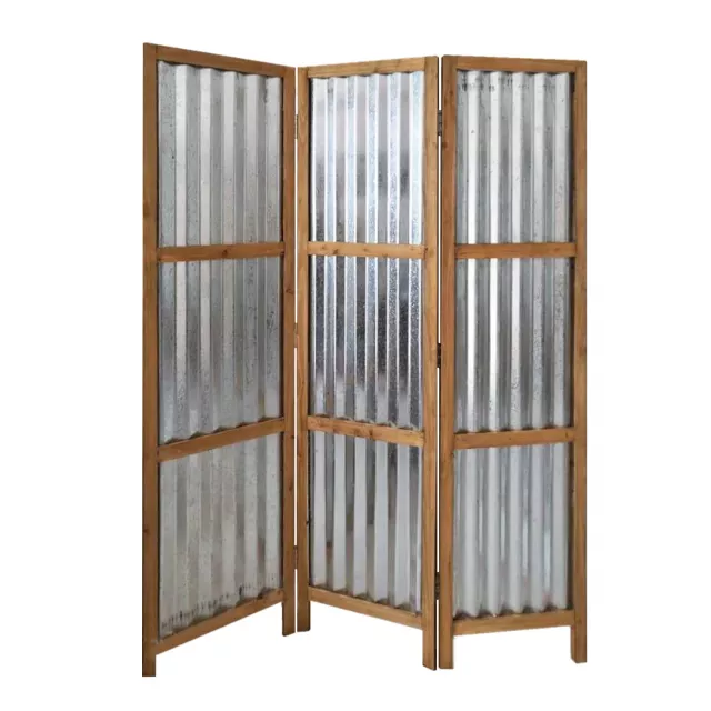 Galvanized metal panel room divider screen in a room with wood shelving and hardwood details