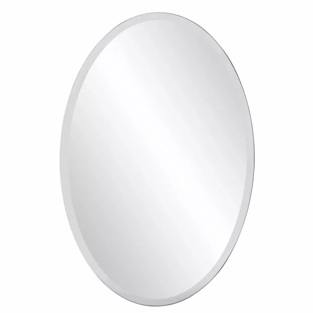 Oval shaped frameless mirror product image showing metallic serveware reflection