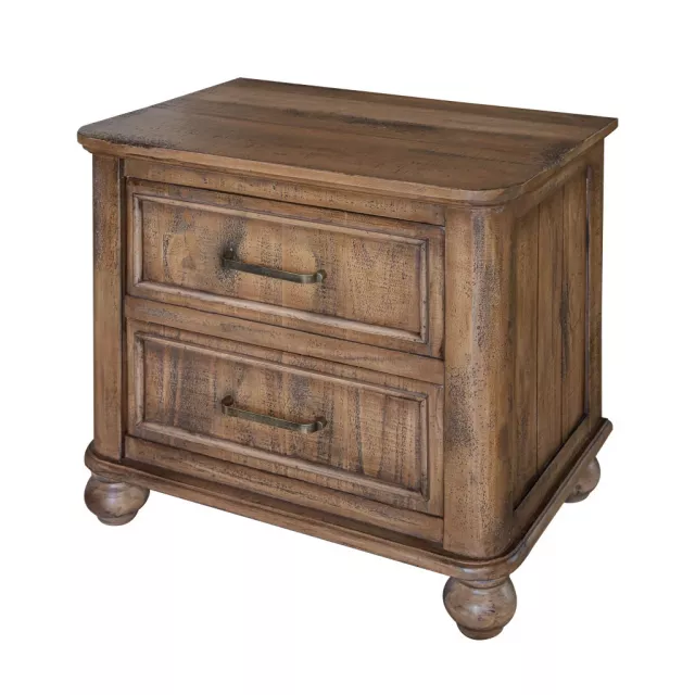 Brown drawer nightstand with wood stain finish and rectangular chest of drawers design