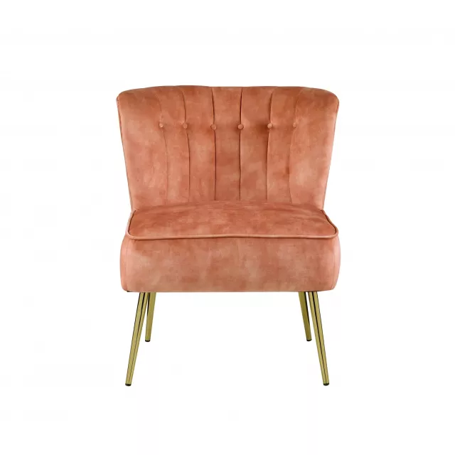 Orange velvet brown solid slipper chair with hardwood legs and comfortable rectangular seat