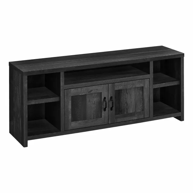 Black cabinet enclosed storage TV stand with wood stain and shelving
