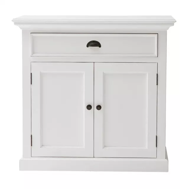Modern farmhouse white accent cabinet with metal handles and cabinetry details