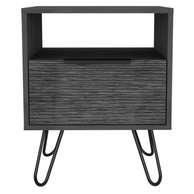 Smokey oak nightstand with plant and outdoor furniture aesthetic