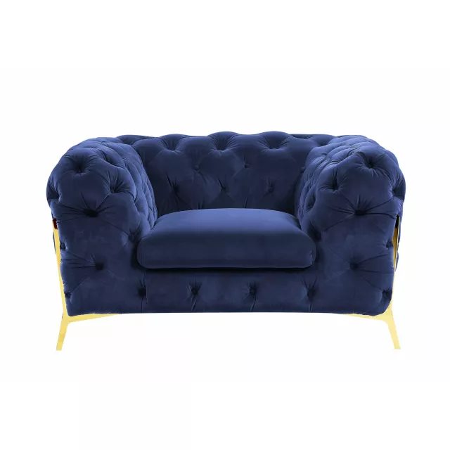 Tufted velvet gold lounge chair with comfortable rectangular studio couch design in electric blue
