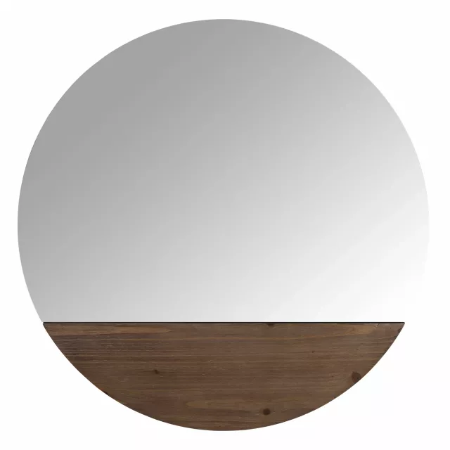 Contemporary round wall mirror with wooden detailing in grey tone
