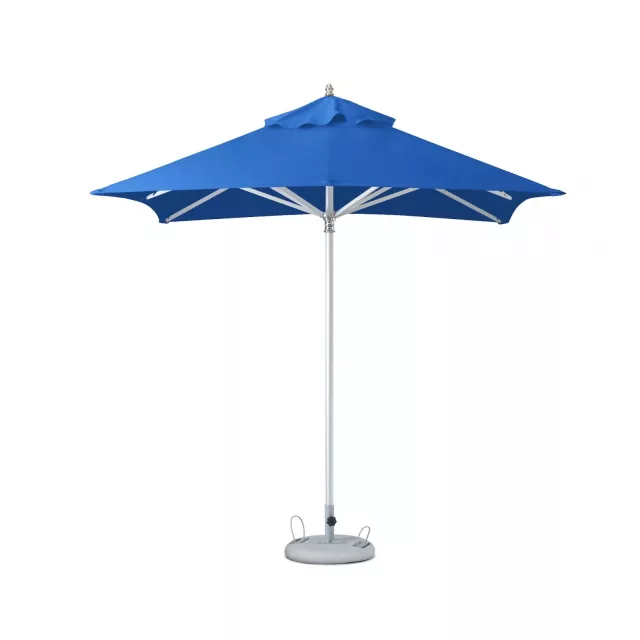 Blue polyester square market patio umbrella with electric blue sleeve and composite material