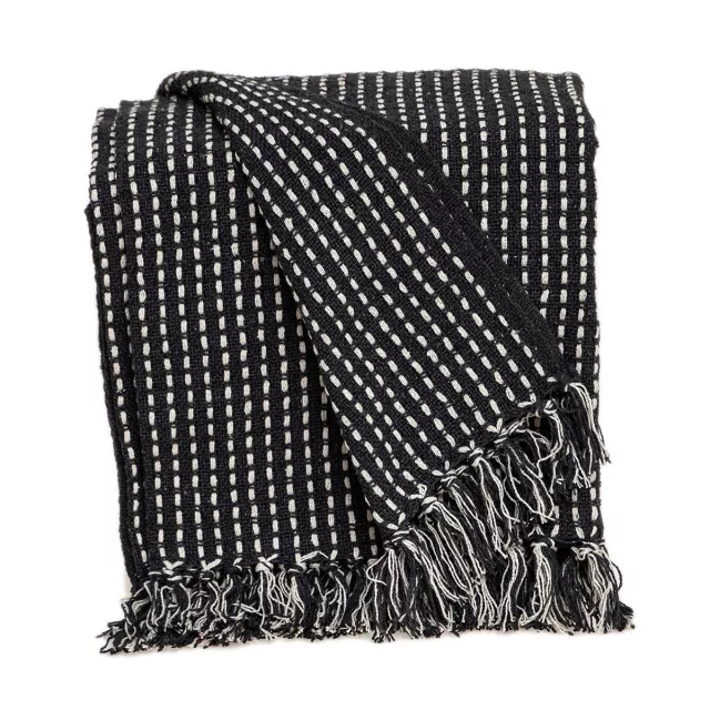 Black and white handloom woven throw blanket displayed as a fashion accessory with a monochrome pattern