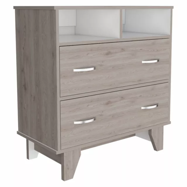 light grey manufactured wood drawer dresser with sleek handles and modern design