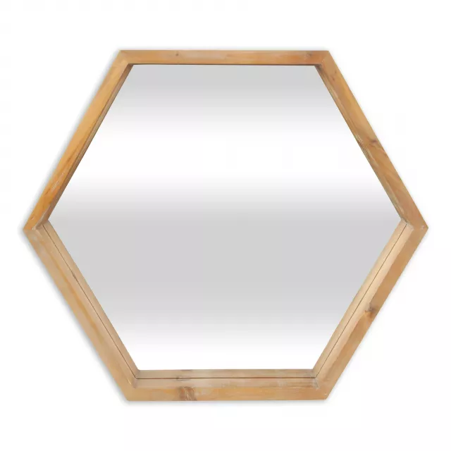 Natural wood finish hexagonal wall mirror showcasing symmetry and parallel lines in a picture frame style
