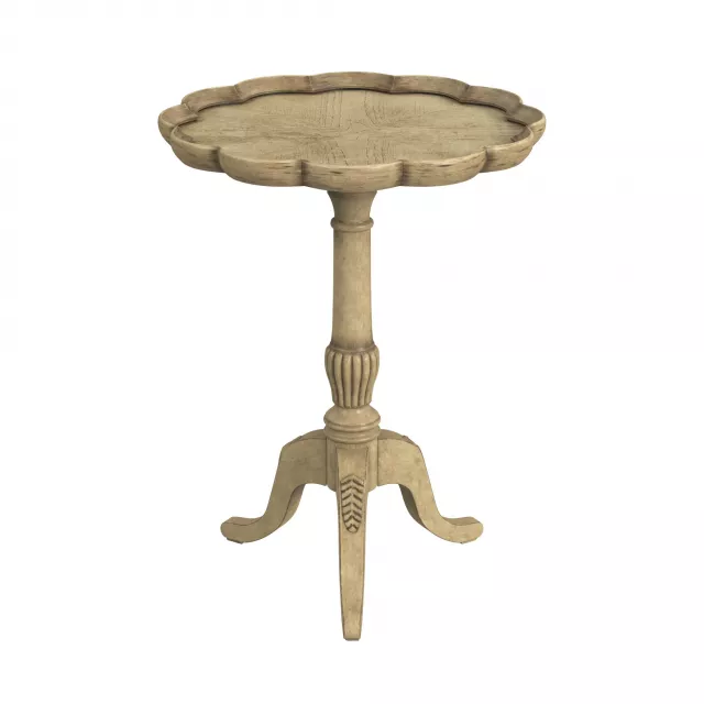 Beige manufactured wood round end table with artistic metal and glass accents