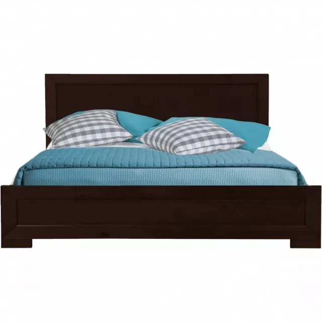 Espresso wood king platform bed in a modern bedroom setting