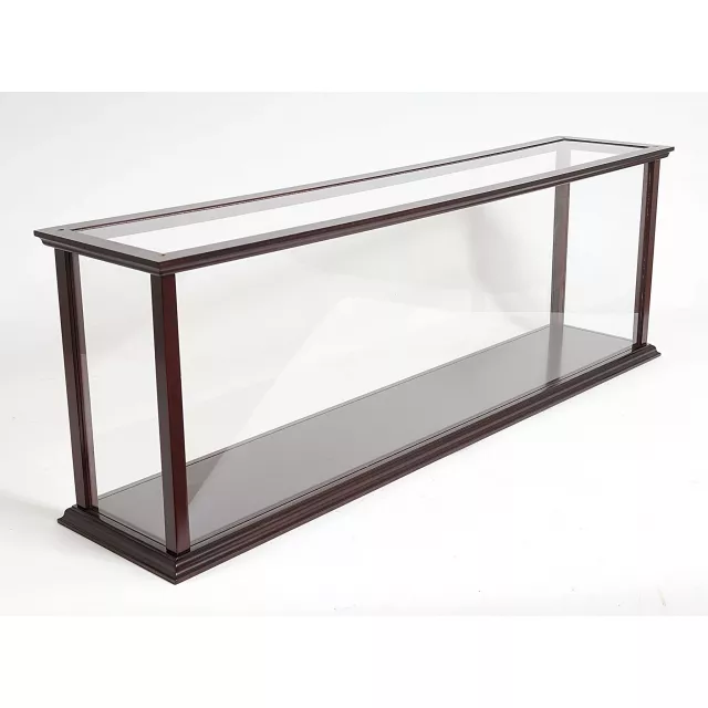 Dark brown glass standard display stand with wood composite material in rectangle shape