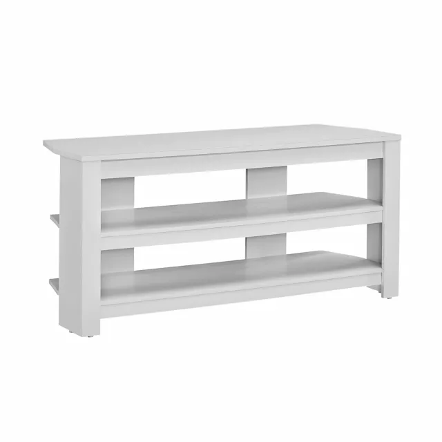 White particleboard open shelving TV stand with hardwood and plywood finish