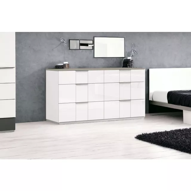 Manufactured wood six drawer double dresser in elegant design for bedroom storage
