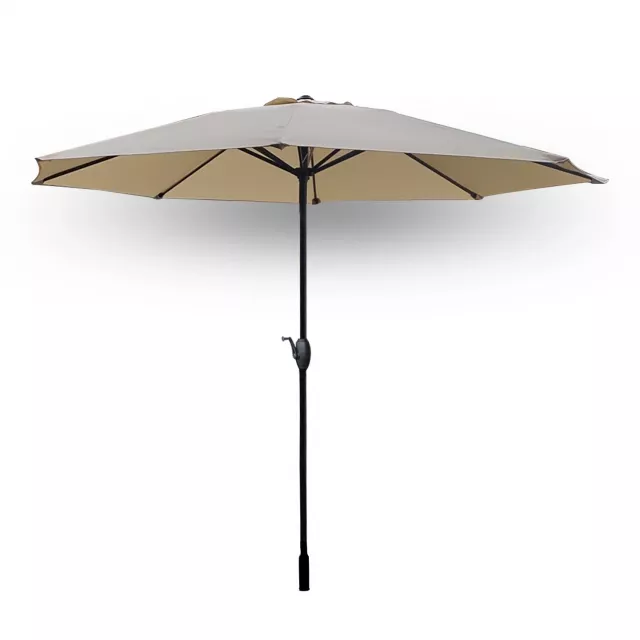 Beige polyester hexagonal market patio umbrella with table and shade