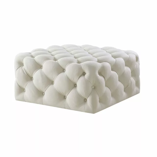 Black linen tufted rolling cocktail ottoman with natural material patterns and comfortable design