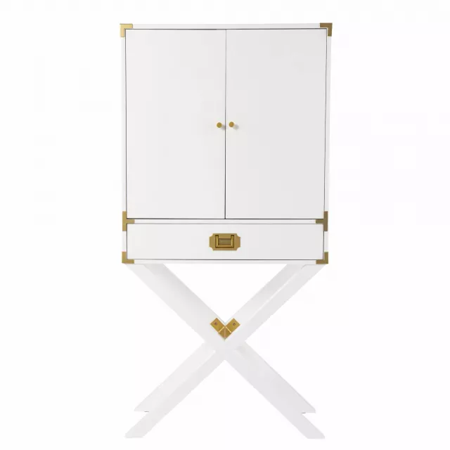 Campaign white gold tall bar cabinet with wood metal and aluminium accents