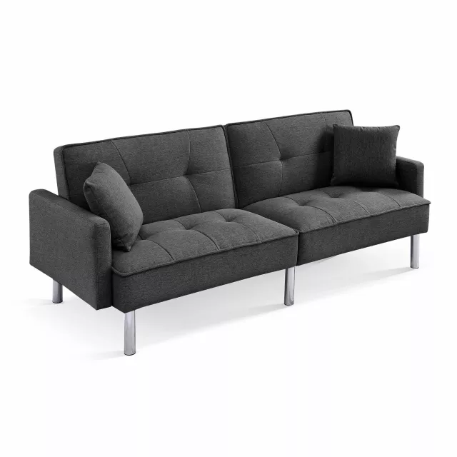 Convertible futon sleeper sofa with toss pillows and wooden frame