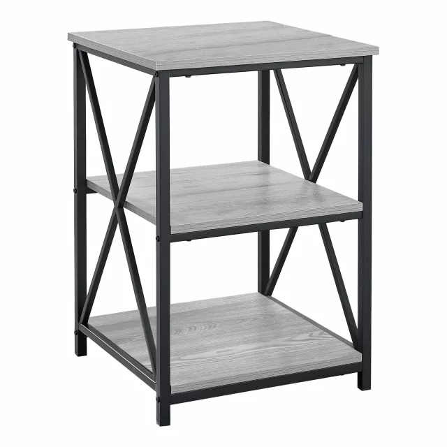 Rectangular grey black metal accent table with shelving resembling outdoor plywood furniture