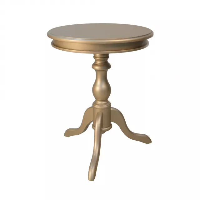 Champagne manufactured wood round end table in a setting with drinkware and hardwood accents