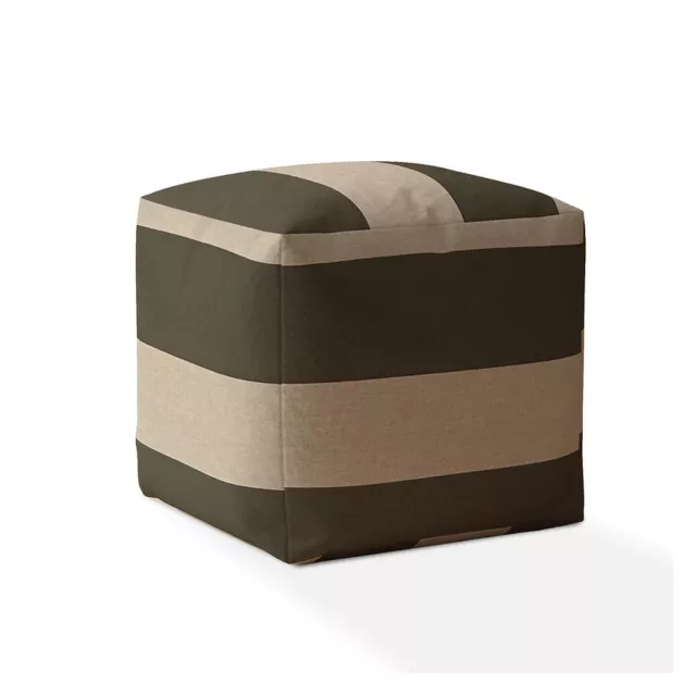 Green cotton striped pouf ottoman with wooden texture and artistic design elements