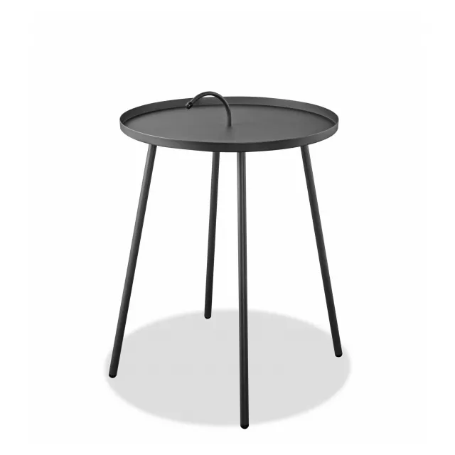 Gray stainless steel round end table suitable for outdoor use with a sleek metal finish and modern design