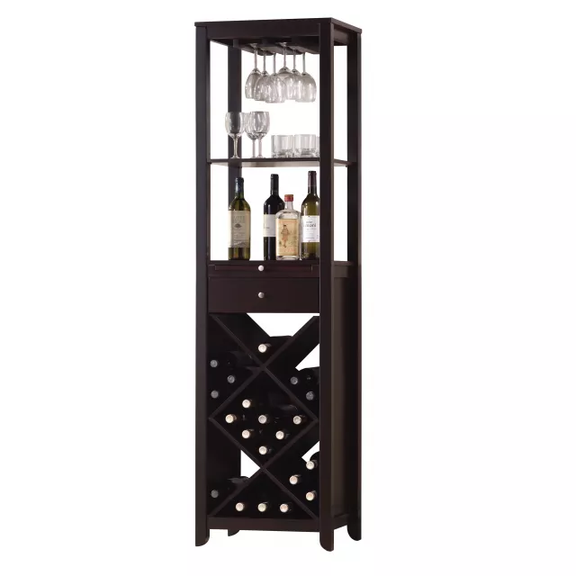 Modern umber finish wood wine cabinet with shelves holding bottles and glass bottles