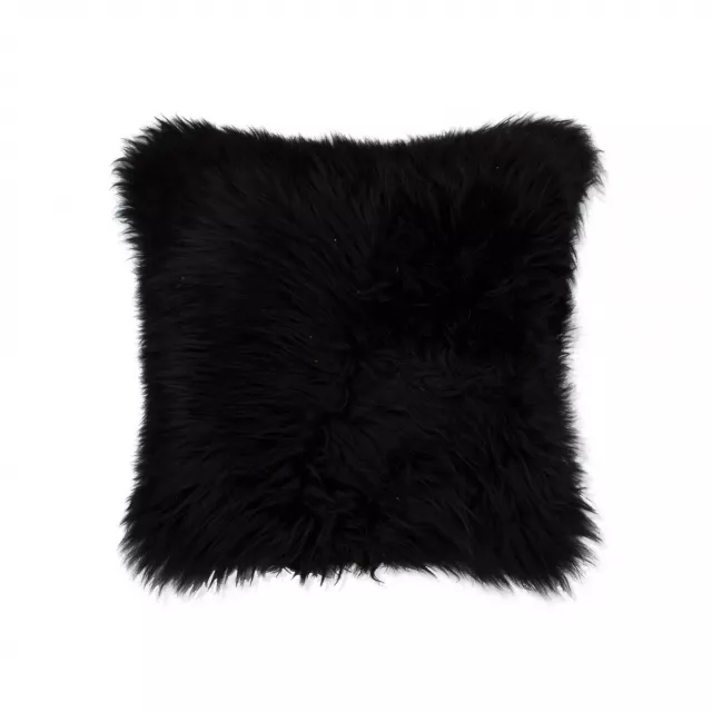 Square black Zealand sheepskin accent pillow with woolen texture and fur detail