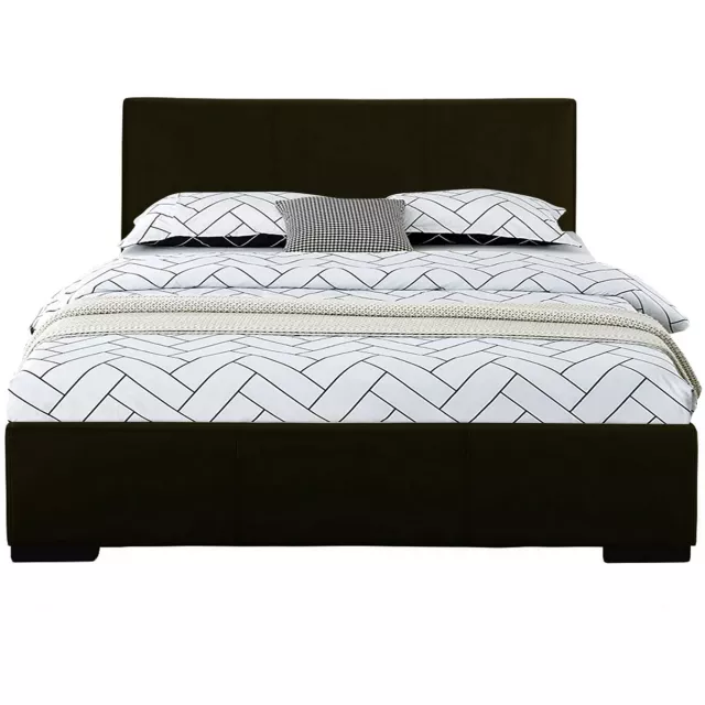 Black platform queen bed with modern design and clean lines