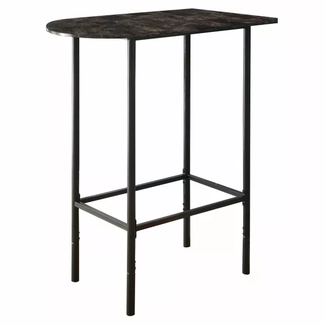 Black gray end table with wood stain and pedestal base in natural material