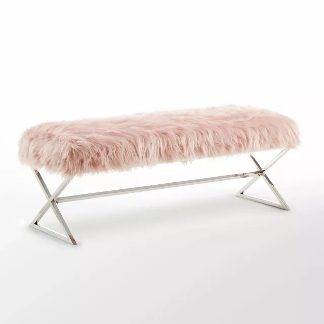Rose silver upholstered faux fur bench with wood legs and magenta accents